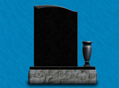 Galaxy Black granite upright headstone with a half-serpentine top and chamfers on the front. The base has BRP sides with a polished margin and a vase on top.
