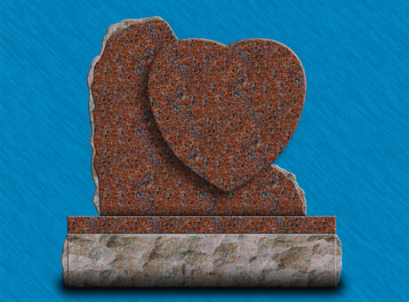 Sentinel Red granite upright headstone with a raised polished heart on the right and a recessed backdrop on the left with a polished front and BRP edges. Base has BRP sides and a polished margin.